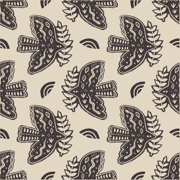 Slavic Folk Birds Seamless Pattern Minimalist Scandinavian Linocut Style Vector Clipart