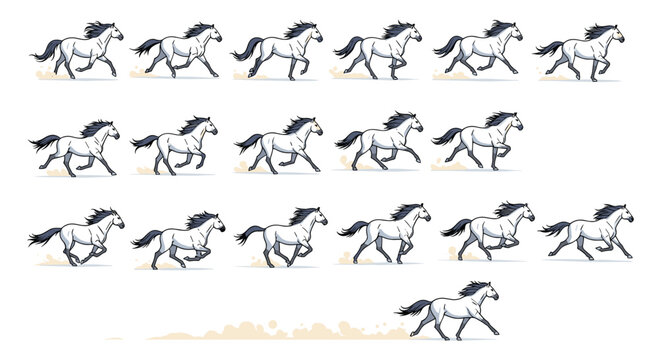 Dynamic animation sprite sheet featuring multiple frames of a majestic white horse in a full running gallop for digital games.