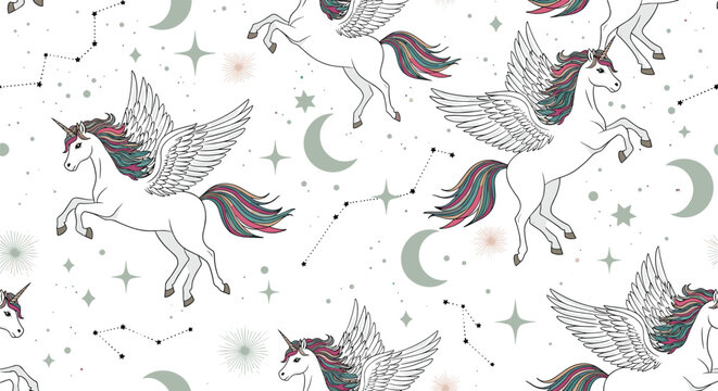 Magical seamless pattern featuring flying white pegasi with rainbow manes among celestial stars and crescent moons.
