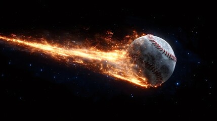 Obraz premium Baseball traveling fast across the dark cosmos, leaving a bright, glowing fiery particle trail against a background of sparkling stars and distant nebulae