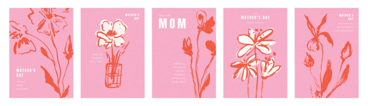Set of greeting card designs with hand drawn flowers in sketch style on pink background for Mother's Day holiday celebration, vector illustration