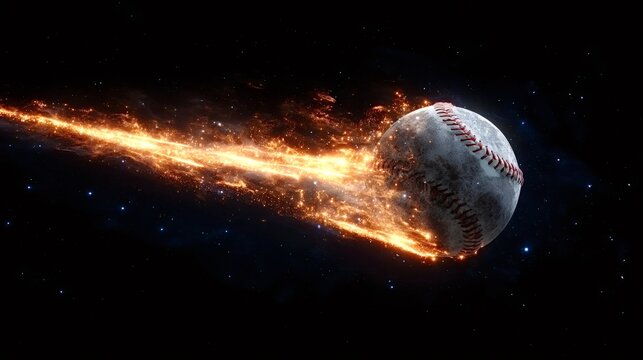 Baseball traveling fast across the dark cosmos, leaving a bright, glowing fiery particle trail against a background of sparkling stars and distant nebulae
