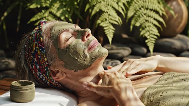 Woman receiving clay mask treatment with eyes closed surrounded by lush green ferns and stacked stones in serene outdoor spa setting natural sunlight creates tranquil atmosphere