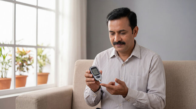 Indian man checking blood sugar levels with glucometer at home