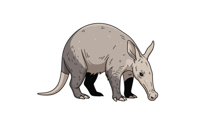 Obraz premium Illustration of a grey aardvark with long ears and a snout walking on a plain white background in a detailed vector style.