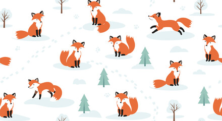 Obraz premium Adorable seamless pattern featuring cute red foxes playing and sitting in a snowy winter landscape with pine trees.