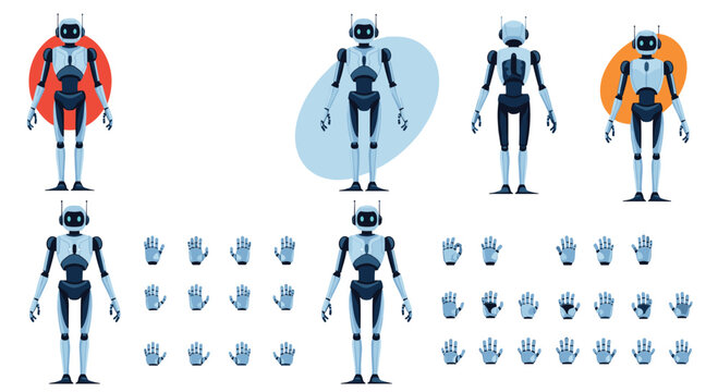 Futuristic character design sheet for a sleek humanoid robot, featuring multiple poses and a large set of hand gestures for animation use.