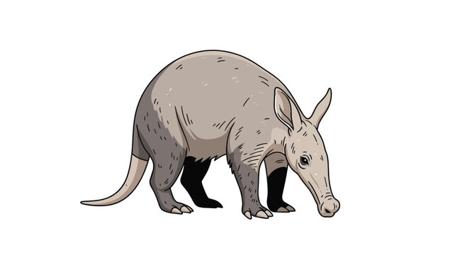 Illustration of a grey aardvark with long ears and a snout walking on a plain white background in a detailed vector style.