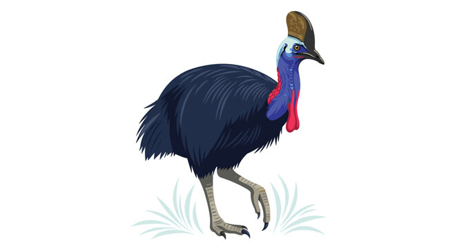 Detailed illustration of a large cassowary bird with dark feathers and a blue neck standing on a plain white background.