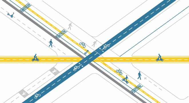 An overhead illustration depicts a complex urban intersection designed for multimodal transportation, including cars, bicycles, and pedestrians.