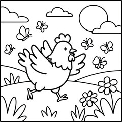 Bold and Easy Chicken Animal Coloring Page - Cozy Moment Farm Bird Line Art Vector for Adults and Kids © Rs