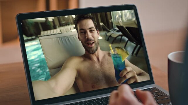 Online man talking video conference with unknown friend pc screen home closeup