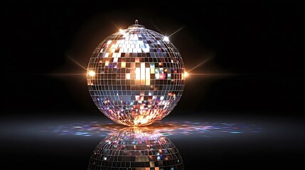 Obraz premium Disco ball spinning and reflecting vibrant party lights on a dark studio floor, creating a festive atmosphere for celebration, nightlife, and retro entertainment