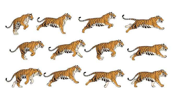 Animated sprite sheet depicting a majestic tiger in different stages of a running cycle for gaming or motion graphics.