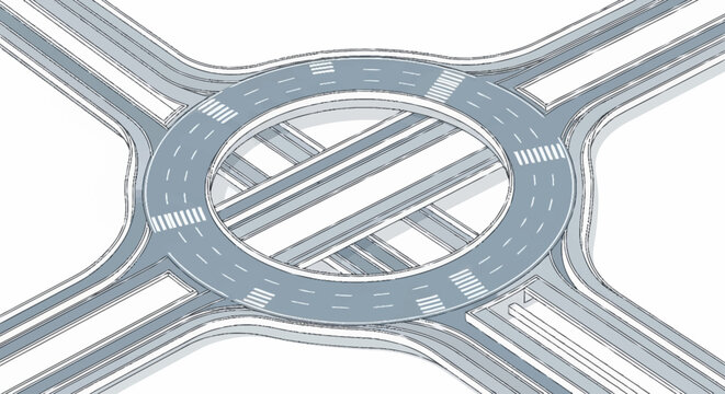 An overhead view of a complex, multi-lane roundabout intersection with multiple entry and exit points.
