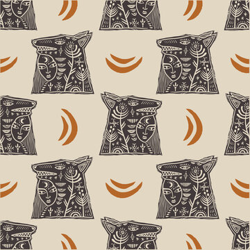 Slavic folklore seamless pattern wolf shifter and forest psirit in linocut style clipart. Perfect for mystical branding, pagan-themed textiles, wallpaper, ethnic apparel, and mysterious forest
