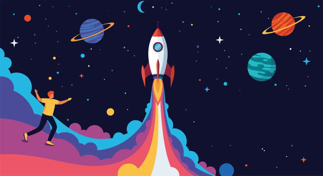 Enthusiastic young man watching a colorful rocket launch into the starry night sky filled with planets and cosmic clouds.
