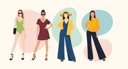 Fototapeta premium Fashionable women standing together wearing trendy summer outfits like swimsuits, dresses, and wide-leg trousers in a set.