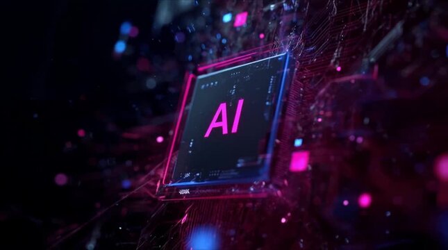 Futuristic AI brain concept with glowing neon neural network and central processor for deep learning (AI Generated)