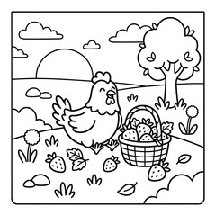 Bold and Easy Chicken Animal Coloring Page - Cozy Moment Farm Bird Line Art Vector for Adults and Kids © Rs