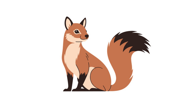 Red squirrel sitting with its large bushy tail curled up looking back in a cute and charming woodland animal illustration.