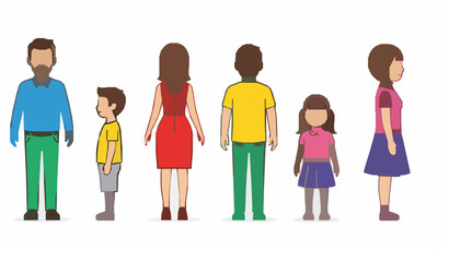 Fototapeta premium Family Characters Front Back Side View Flat Cartoon Vector Set