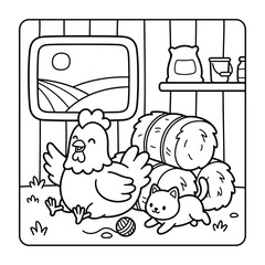 Bold and Easy Chicken Animal Coloring Page - Cozy Moment Farm Bird Line Art Vector for Adults and Kids © Rs