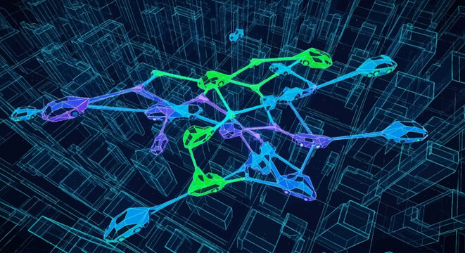 A vibrant, organic-looking network structure with colorful nodes and connections, overlaid on a dark blue wireframe cityscape, representing digital infrastructure or complex systems.