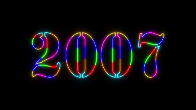 Abstract 2007 neon colourful text animation ,For neon colourful Glowing neon number text background 4k video animation .Digital font against a dark background with neon line looping animation.