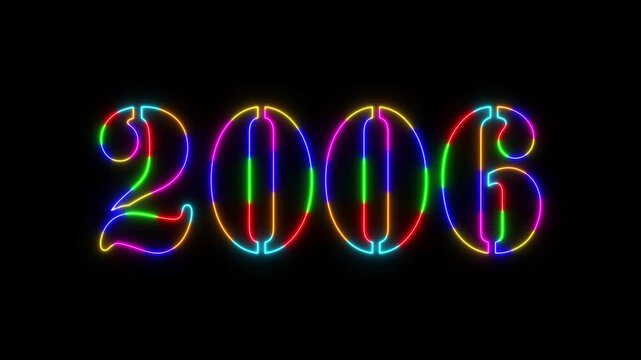 Abstract 2006 neon colourful text animation ,For neon colourful Glowing neon number text background 4k video animation .Digital font against a dark background with neon line looping animation.