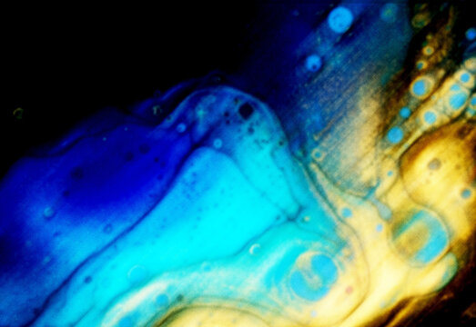 Fluorescent microscopy image of microorganism cells with colorful bokeh and abstract glow