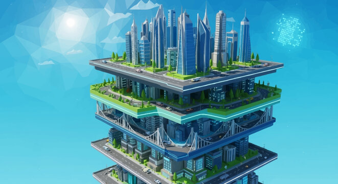 A futuristic, multi-layered city with skyscrapers and green spaces, floating in a clear blue sky.