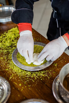 Traditional Turkish Kunefe Preparation &ndash; Making Cheese Dessert with Kataifi Dough Before Cooking