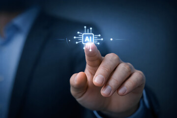 Naklejka premium Hand Pointing at AI Chip Icon - Artificial Intelligence Technology Concept