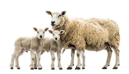 Fototapeta premium A mother sheep and her two adorable lambs stand together against a bright white backdrop. Their wool is fluffy