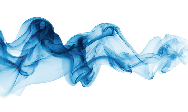 Ondas abstractas de humo azul vibrante fluyendo elegantemente sobre un fondo blanco puro, creando una imagen din&aacute;mica y et&eacute;rea.