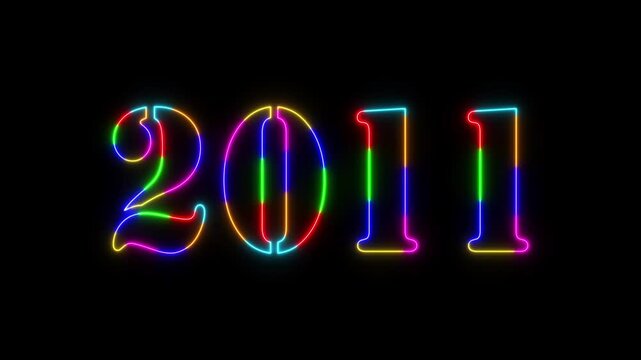 Abstract 2011 neon colourful text animation ,For neon colourful Glowing neon number text background 4k video animation .Digital font against a dark background with neon line looping animation.