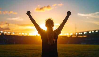 Fototapeta premium Silhouette of Soccer Player Celebrating Goal at Sunset 