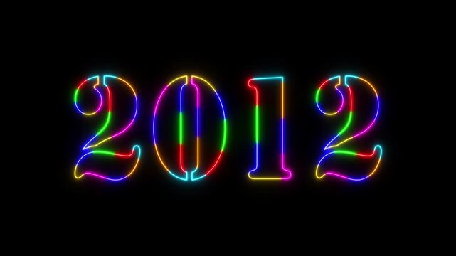 Abstract 2012 neon colourful text animation ,For neon colourful Glowing neon number text background 4k video animation .Digital font against a dark background with neon line looping animation.