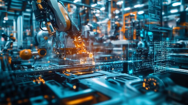 A robotic arm welding metal parts in a modern factory with bright orange sparks flying everywhere