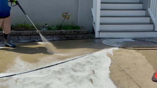 Person power washing concrete sidewalk in front of a house  spraying soapy water