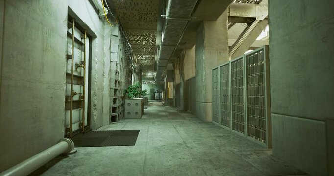 Narrow passage with storage features, Dim passage lined with pipes and storage units, Dark narrow hallway featuring metal stairs and ventilation ducts