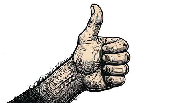 Ilustraci&oacute;n detallada de una mano masculina que muestra un gesto de aprobaci&oacute;n con el pulgar hacia arriba, simbolizando &eacute;xito y acuerdo.