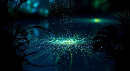 Fototapeta premium Bioluminescent teal lime glitter on dark lagoon background, tropical magic bokeh shimmer, exotic abstract texture for travel paradise design