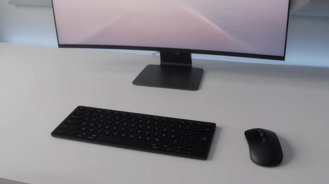 Modern computer setup with monitor keyboard and mouse on a desk.