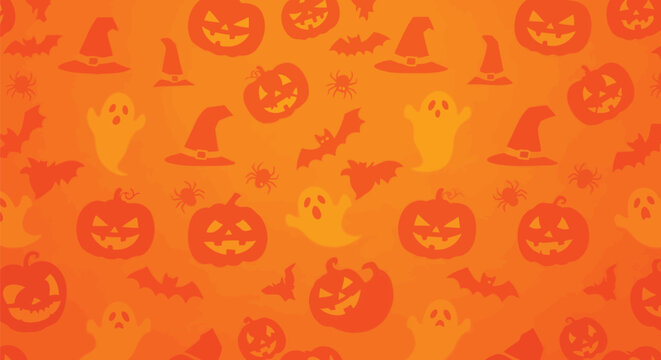 Seamless pattern featuring various spooky halloween elements like pumpkins and witch hats in orange Vector