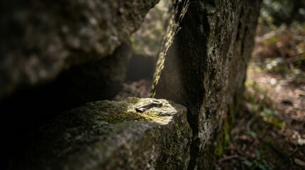 Obraz premium Frog sitting on a rock with light streaming through creating a serene and natural setting in a outdoor environment