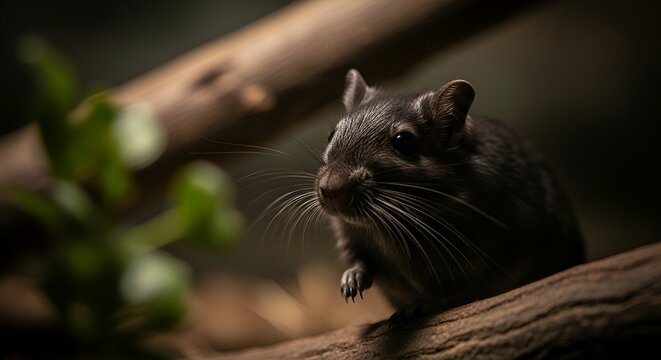 Close-up portrait of a small black gerbil sitting on a tree branch in a natural setting.