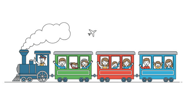 Colorful cartoon steam train with multiple passenger cars filled with happy people and children waving from windows.