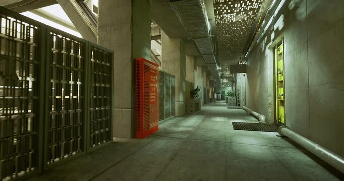 long narrow corridor with metal cages and red vending machine, yellow door and worn concrete floor, distant light and gritty urban atmosphere
